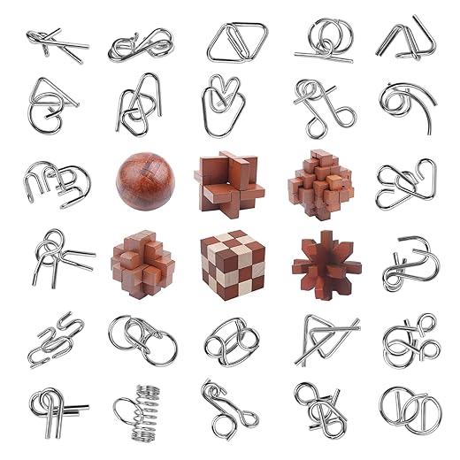 30pcs Brain Teaser Puzzles Game for Adults and Kids Ancient Wooden and Metal Puzzles 3D Educational Toys IQ Logic Train Family Games Party Favor Coffee Time Unlock Interlock Puzzles Box