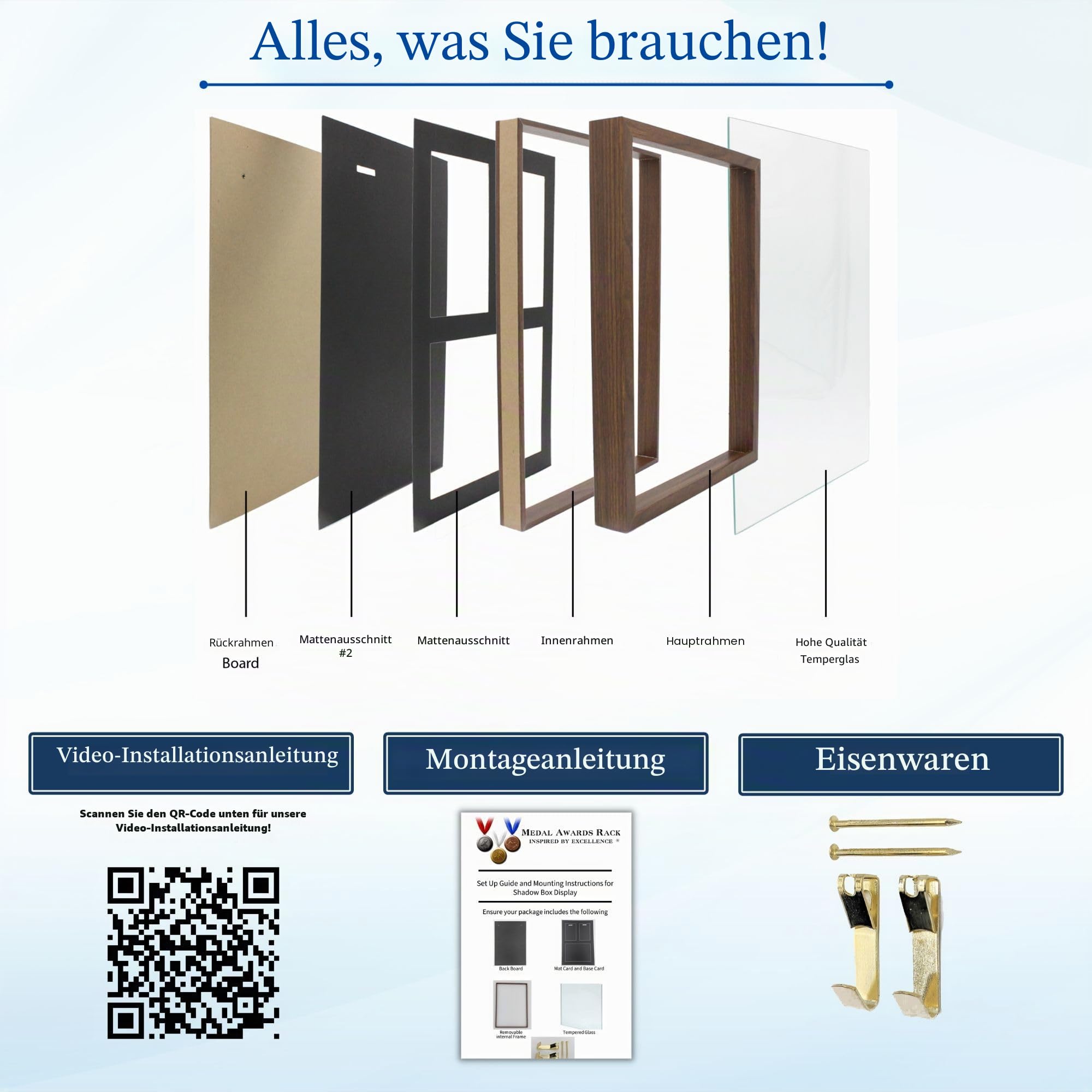 MedalAwardsRack 3-in-1-Schattenbox-Schaukasten, Medaille, Renn-Startnummer und Fotokasten, Halterung und Rahmen für Marathon-/Triathlon-/Lauf-Startnummern, Wandmontage, gehärtetes Glas, schwarz