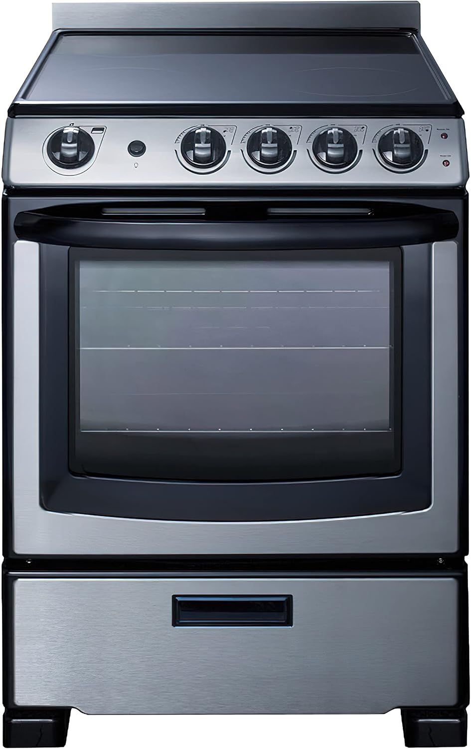 Summit Appliance REXH24RSS 24" Wide Electric Range and Convertible Hood Set, Push-to-turn Knobs, 4 Cooking Zones, Stainless Steel Hood, Adjustable Racks, Smooth Ceramic Glass Top, Boiler Tray