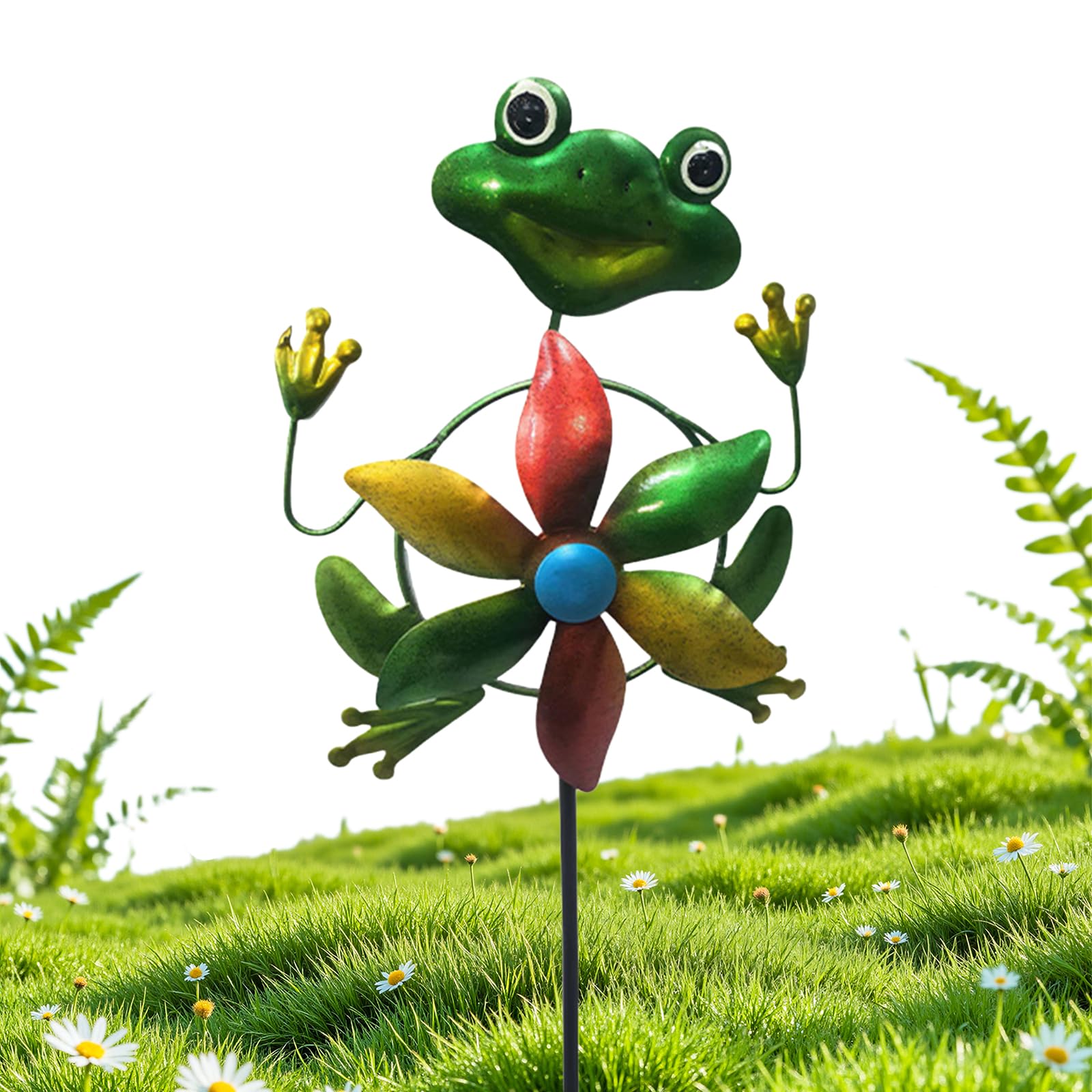 CLBDRESS Garden Wind Spinner Sculpture, Windmill Stake with Rotating Wheels, Metal Yard Ground Stake for Front Yard, Porch, Backyard, Lawn – Colorful Outdoor Decor