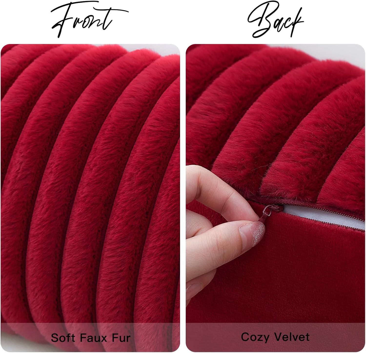 OTOSTAR Burgundy Lumbar Decorative Pillow Cover 14x36 Inch Boho Faux Rabbit Fur Long Body Throw Pillow for Bed Sofa Couch Soft Plush Striped Pillow Case Velvet Farmhouse Cushion Cover