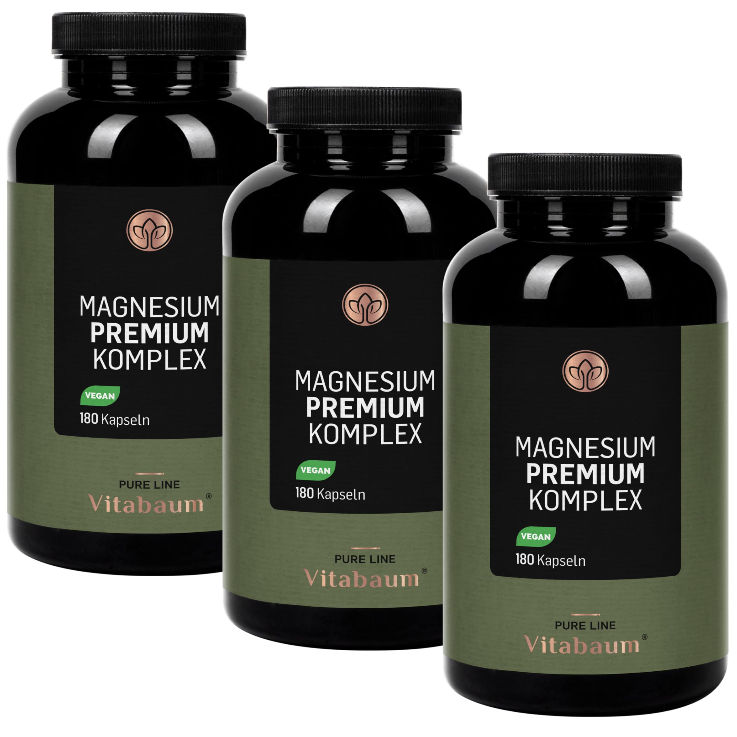 Vitabaum® Magnesium Premium Komplex - 410 mg elementares Magnesium pro Tag - 5 hochwertigen Formen - Hochdosiert - Vegan, Glutenfrei - 3× 180 Kapseln, 3 Monate je Packung