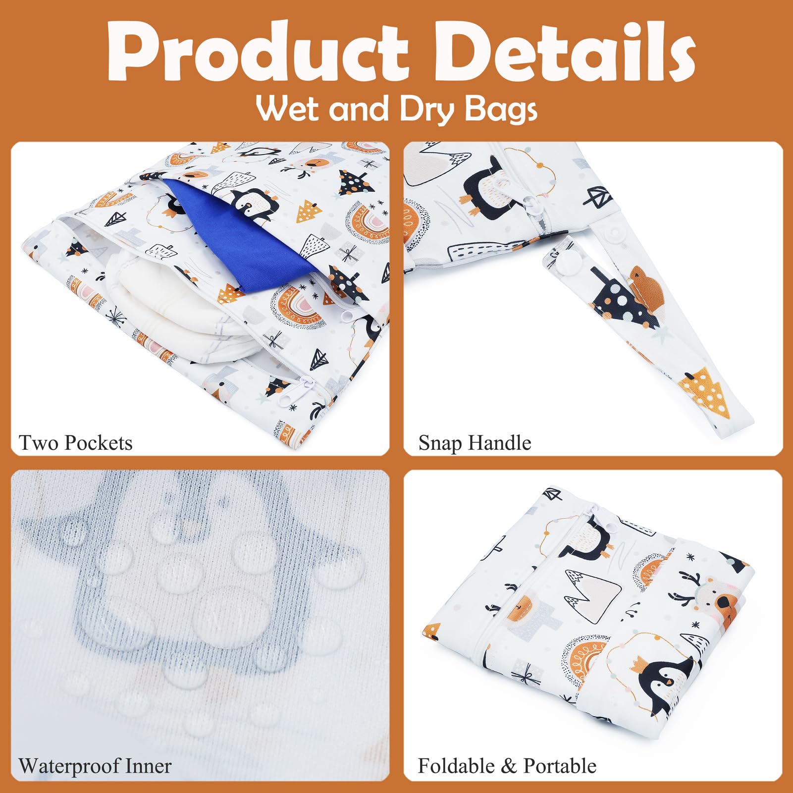 Sac à Couches Lavable, 2 Pcs Wetbag Réutilisable Etanche, Organisateur de Couches Double Fermeture Eclair Sac à Langer pour Bébé, Sac Fourre Tout de Voyage Plage (Pingouin Blanc)