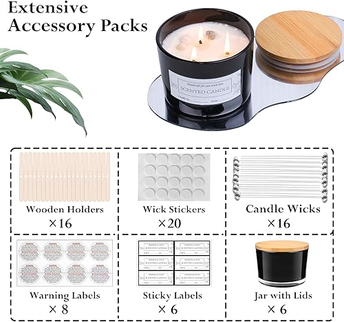 Miniatura 17 de CONNOO Paquete de 6 tarros de vela de 16 onzas, 3 mechas de vidrio vacío transparente de boca ancha, vienen con tapas de bambú, etiquetas de Tapas