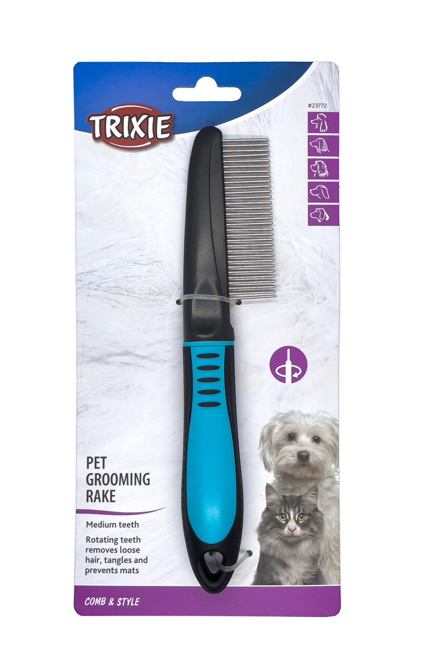 dog comb teeth spinning Zeez Comfort Rotating Coarse Round tips clean the skin and provide a gentle massage Bainbridge Pet Detangler Comb with