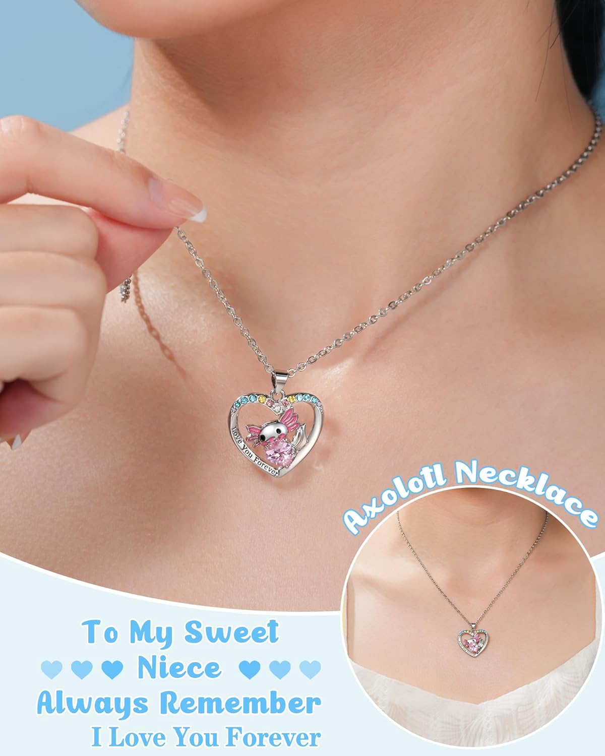 Jeka Axolotl Necklace for Girls, Cute Pink Crystal Pendant Jewelry Gift for Axolotl Lover, Daughter, Granddaughter, Niece, Teen Girls Birthday or Christmas - Image 2