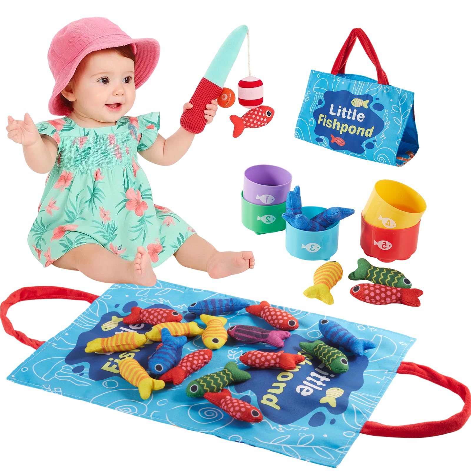 SUNNYNEST Montessori Toys for 1 Year Old Boys Girls, 10 in 1 Fabric Fishing Game with Stacking Cups, Number Counting Color Sorting Shape Learning Sensory Baby Toys Gift for 1 2 3 Year Old Kids