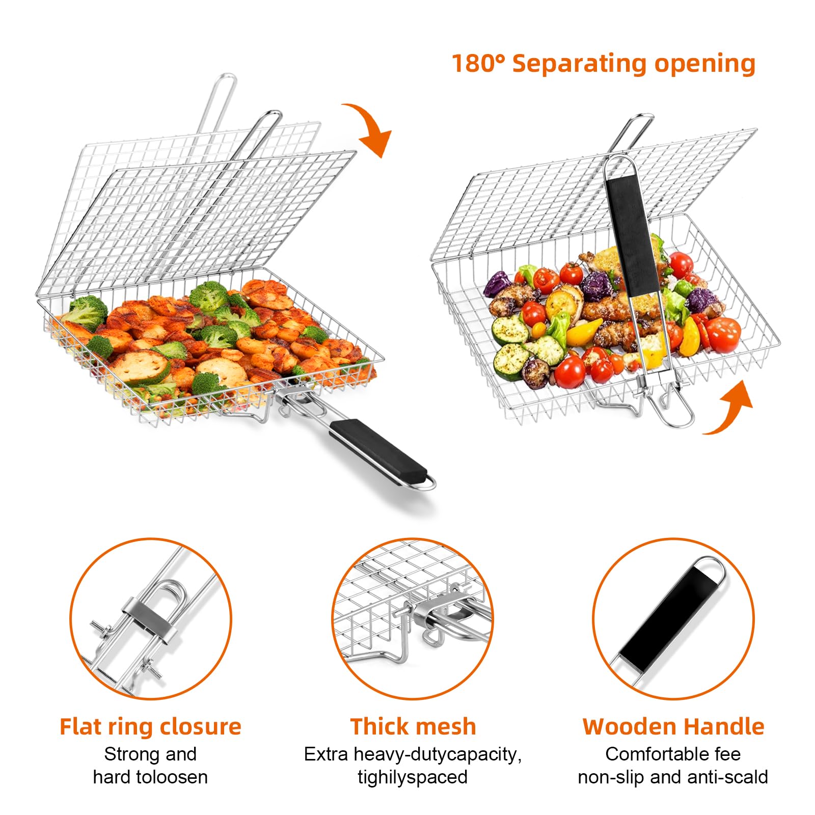 BEWOS Cestino per Grigliate di Pesce, Griglia Barbecue in Acciaio Inox con Borsa e Spazzola, Pieghevole e Portatile, Graticola per Barbecue con Manico Rimovibile per Bistecche di Pesce e Verdure
