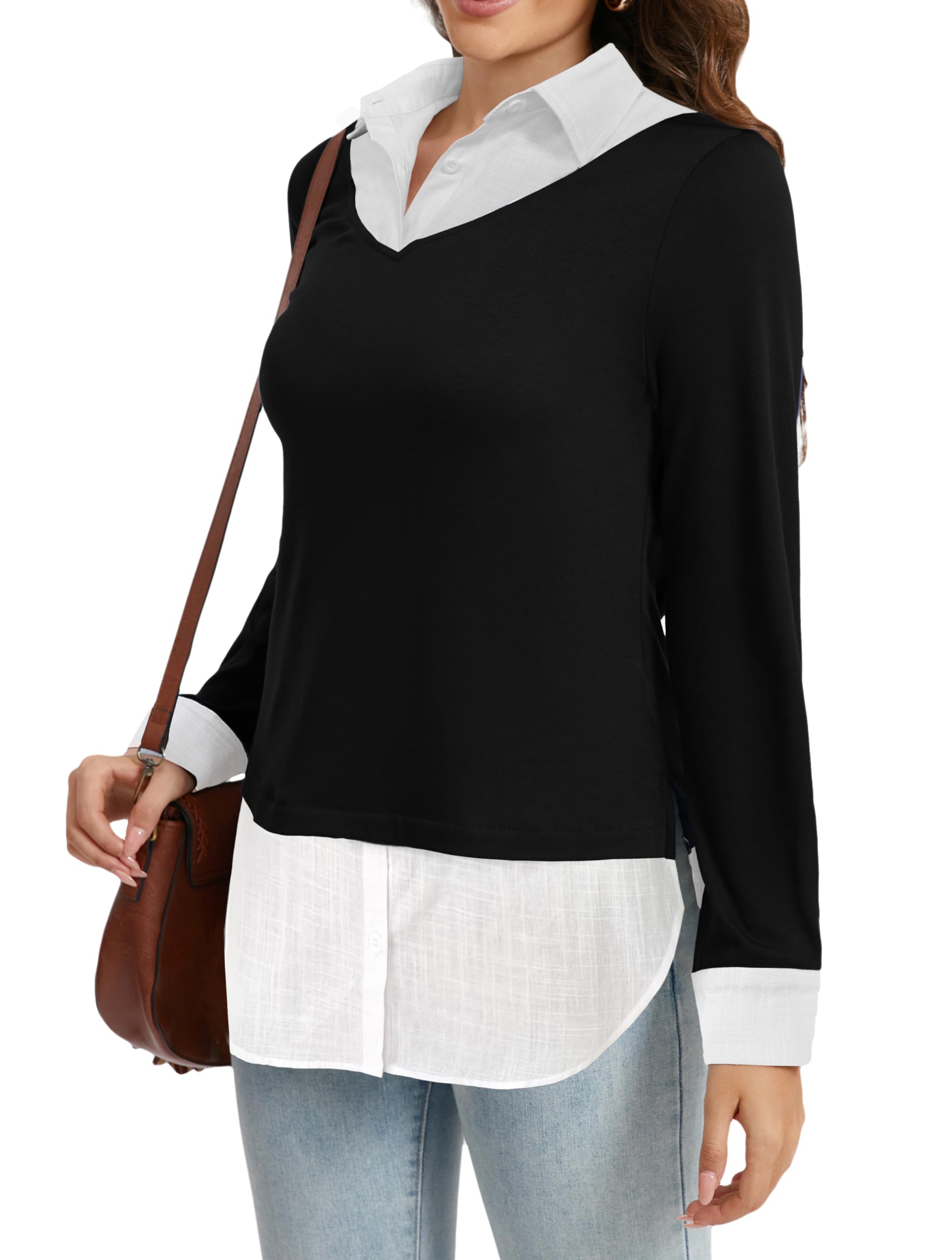 Oyamiki Maglia a maniche lunghe da donna in cotone con colletto camicia, blocco di colore, scollo a V, casual, elegante, per autunno e inverno