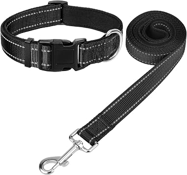 Reflective Dog Collar 12-19" and 6FT x 3/4" Wide Dog Leash Set, Soft Padded Adjustable Collar and Padded Handle Leash for Medium Dogs, Black, M,3/4" Width