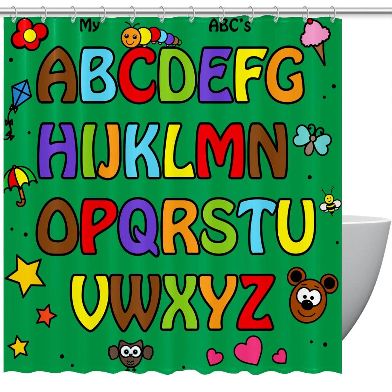 Rideau de douche en tissu vert avec crochets motif alphabet lettres anglaises