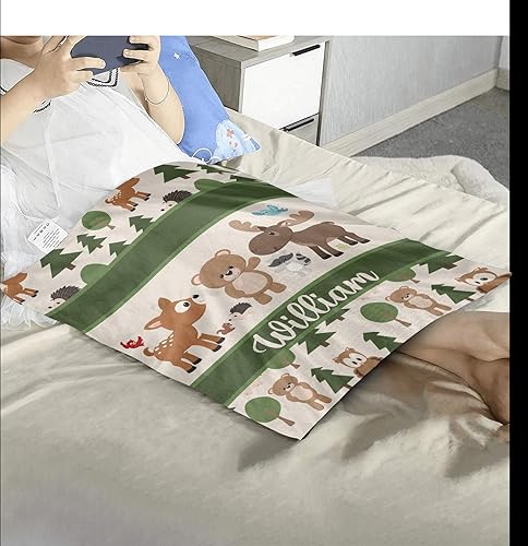 Miniatura 4 de Manta de bebé con nombre para niñas y niños, diseño de animales del bosque y bosque, color verde, para baby shower, regalos de cumpleaños, manta de