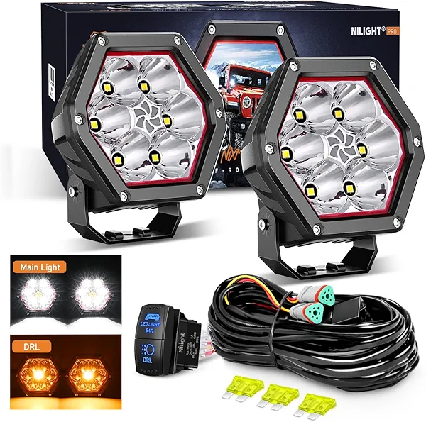 Nilight LED Pod Lights with Amber DRL 4 Inch 30 W Hexagon Offroad Driving 2600 LM Super Spot Light 16 AWG Wiring Harness Kit for LED Auxiliary Work Lights for Truck UTV ATV SUV 4x4