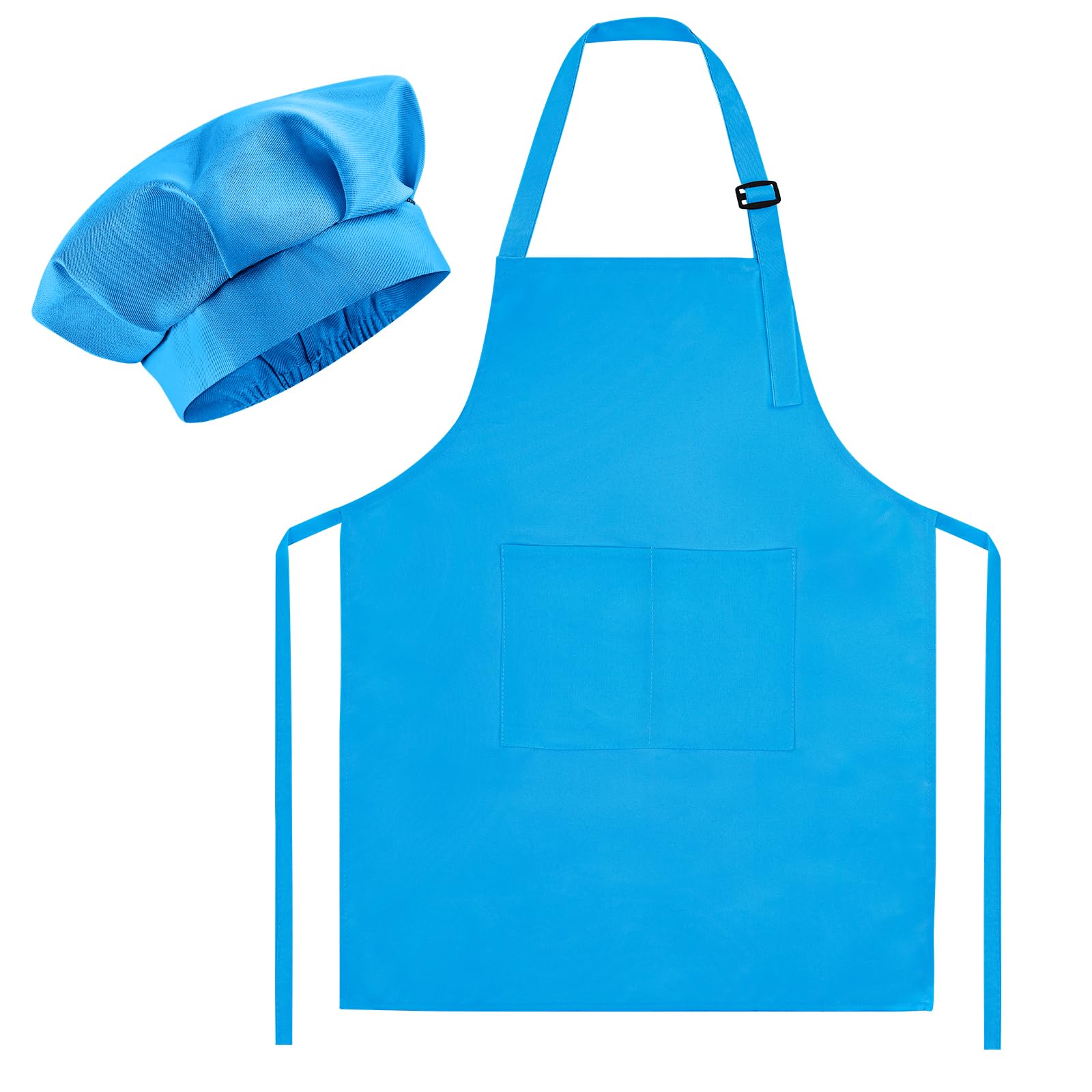 Morcheiong Juego de gorro y delantal de chef para niños, delantal de pintura ajustable azul claro y sombrero de chef con 2 bolsillos grandes para niños, cocina, pintura, horneado, azul claro, 23.5" x