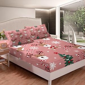 Feelyou Cute Deer Bed Sheet Set Twin Size Merry Christma Fitted Sheet for Kids Deer Hunting Antlers Christmas