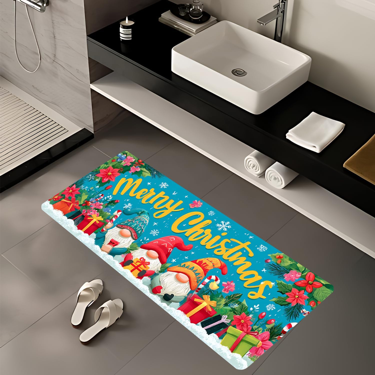 ANNA QUEEN Christmas Laundry Room Rug 20x47 Inch – Non Slip Blue Gnome Runner Mat for Laundry, Kitchen, Hallway, Winter Home Decor