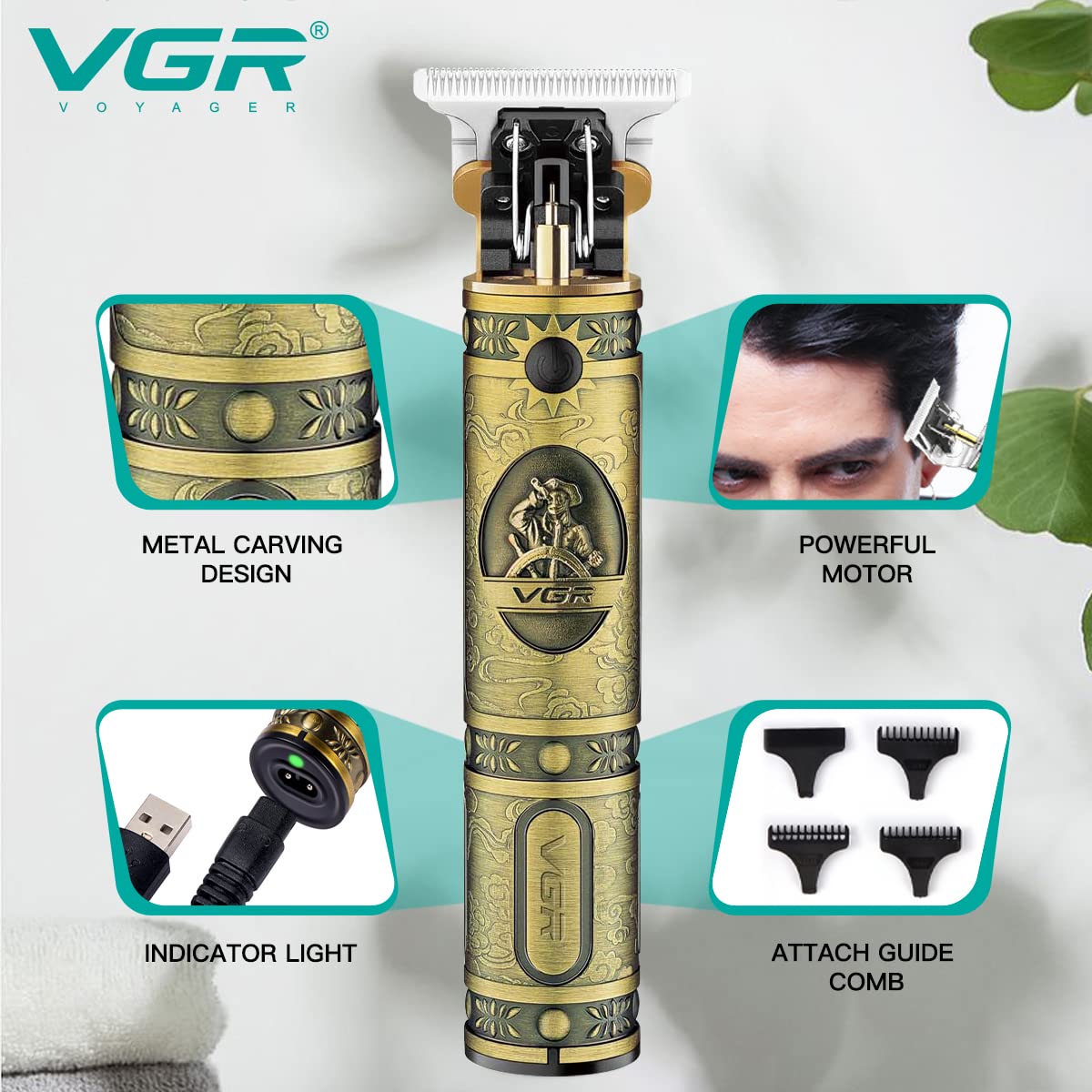 Close-up of VGR V-085 Hair Clipper highlighting its features: metal carving design, powerful motor, indicator light, and attachable guide combs.