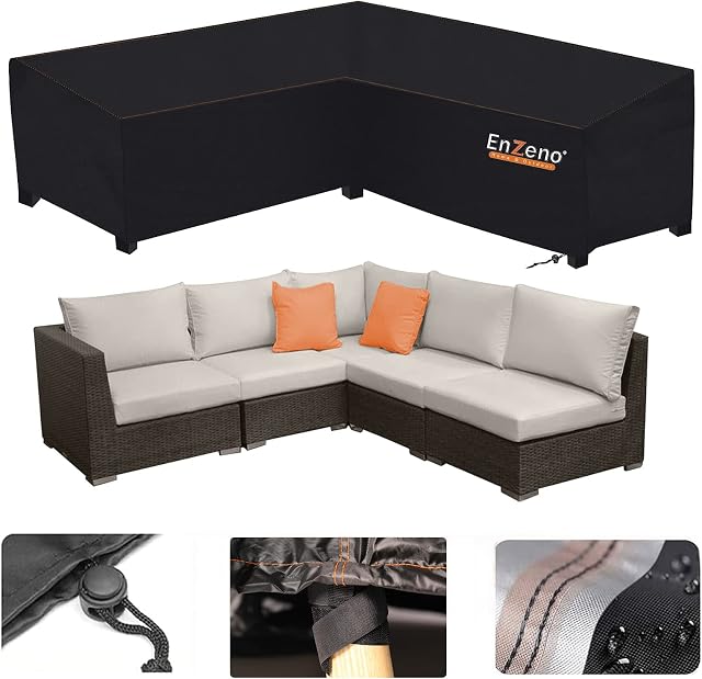 Enzeno Garden Furniture Covers waterproof, 420D Oxford Fabric L-Shape Garden Sofa Covers, Rattan Corner Sofa Cover , outdoor corner sofa cover with Waterproof Tape (215 * 215 * 87CM)