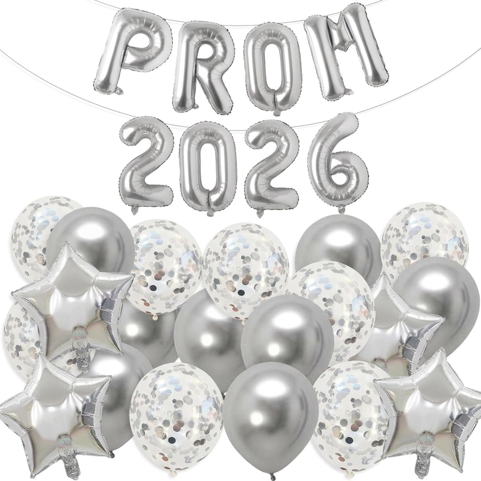 32-Piece Prom Decorations 2026 Set, Silver Prom Balloons with Letters and Stars, Complete Graduation Party Decor for School Leavers and Prom Night Themes, Includes Adhesive Dots and Ribbon