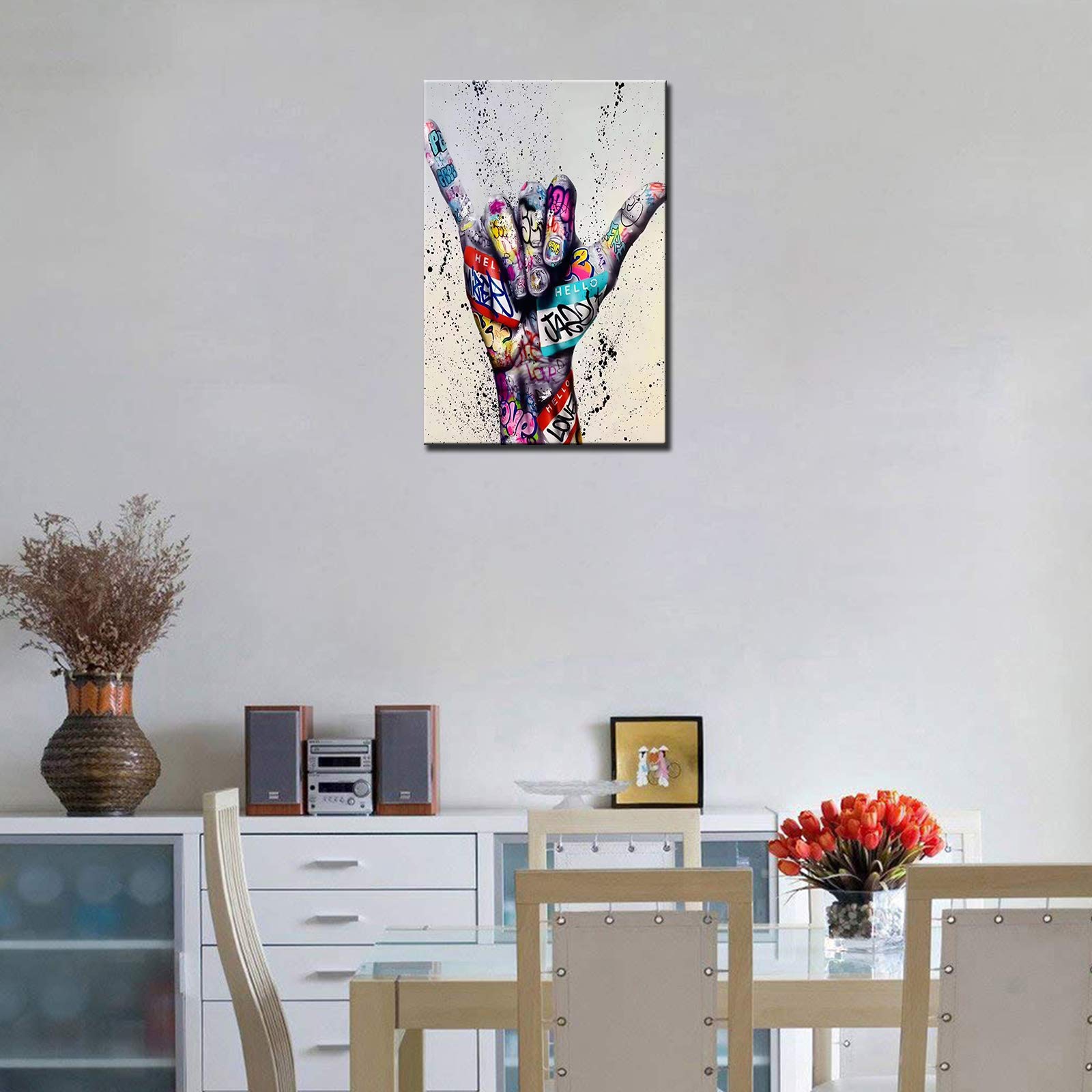 Banksy Street Art Decor Fingers Pictures Graffiti Two Fingers Means Number Six Artwork 1 Panels Canvas Wall Art Living Room Nordic House Decor Framed Ready to Hang Poster and Prints(16''Wx24''H) - Image 4