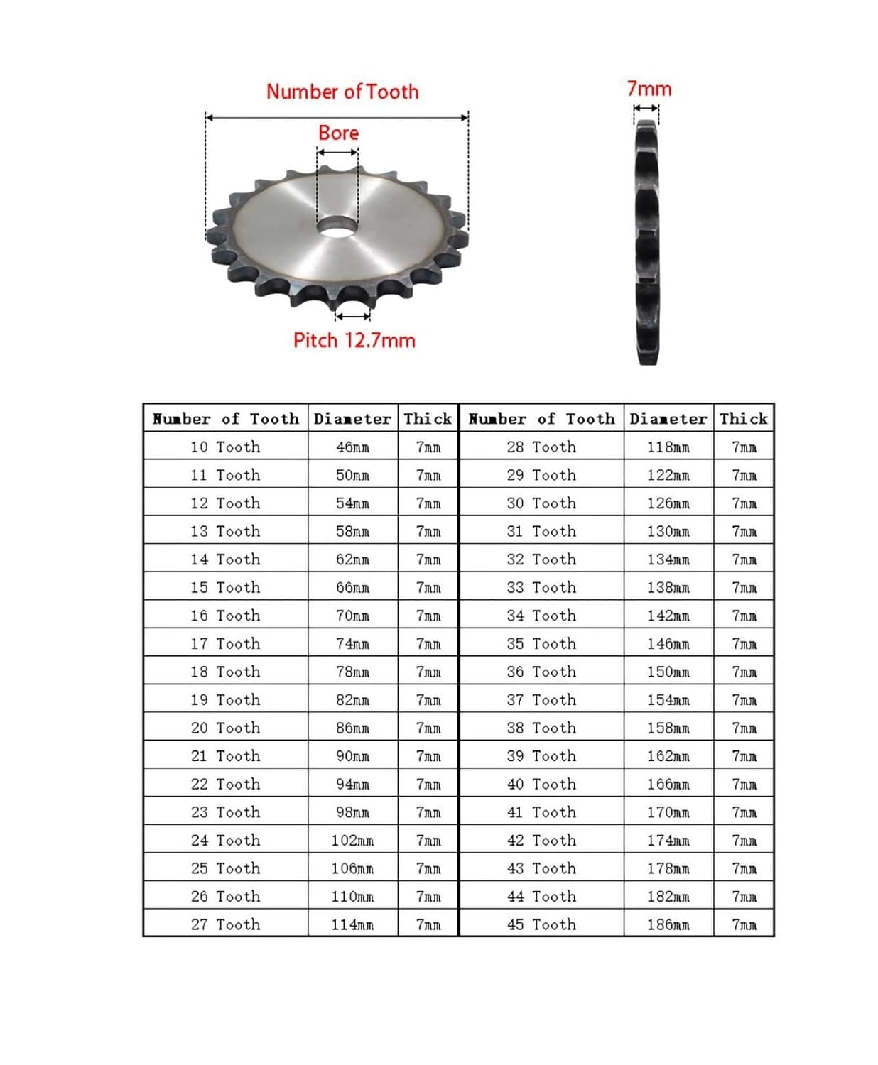 Bevel Gear Pinion Hardware Mechanical 1Pcs 41-45 Tooth A3 Steel 08B Chain Drive Flat Sprocket Roller Chain Gear Pitch 12.7mm Industrial Sprocket Wheel(42 Teeth)