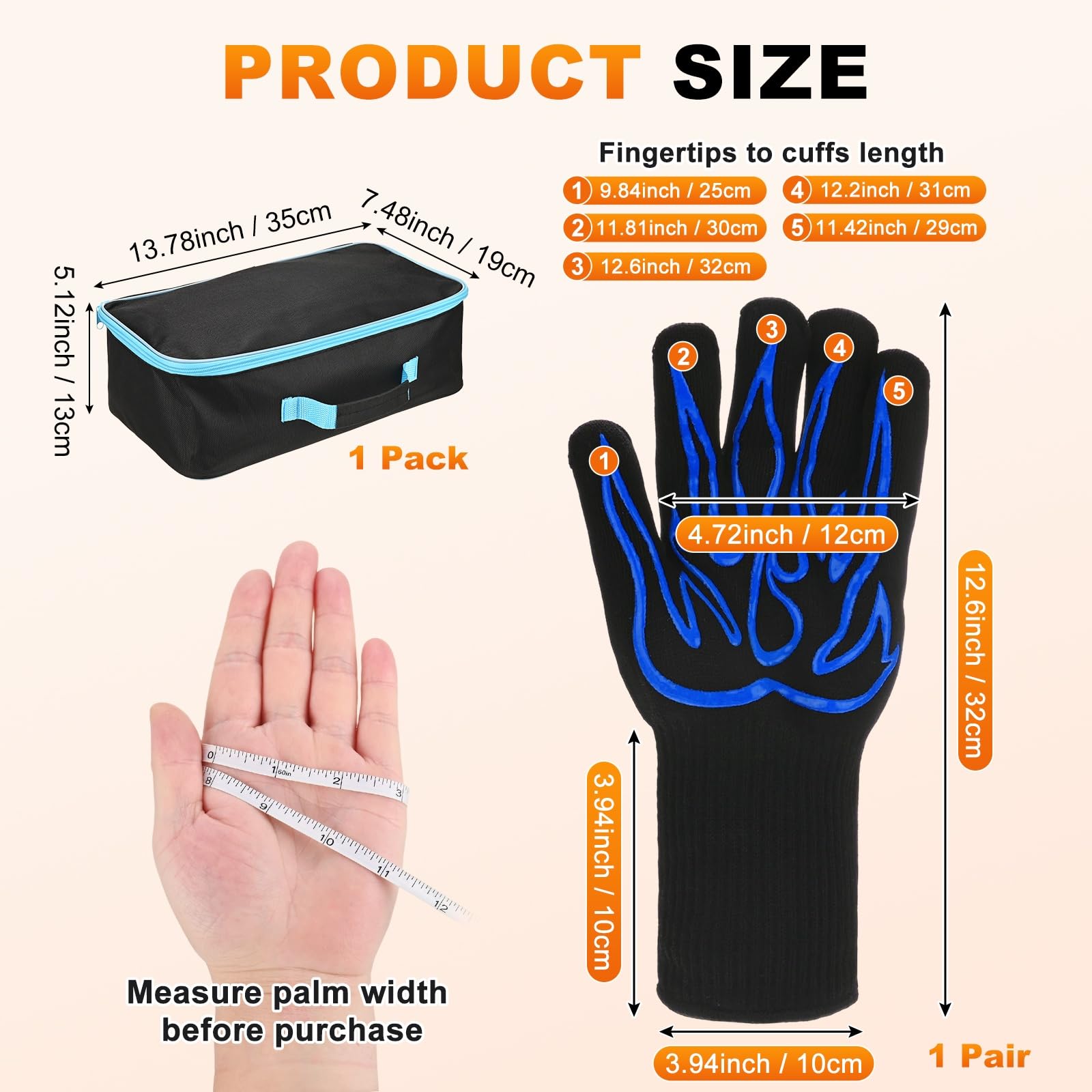 M METERXITY 1 paire de gants de barbecue, résistants à la chaleur de 800 °C, antidérapants, pour barbecue, pâtisserie, cuisine, avec sac de rangement [motif de flamme, bleu]