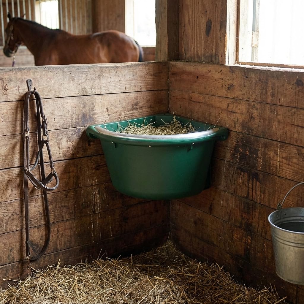 Suinga Comedero Esquinero para Caballos 20L, Borde Antidesperdicio de Metal Galvanizado, Tapa - Comedero para Caballo Equinos