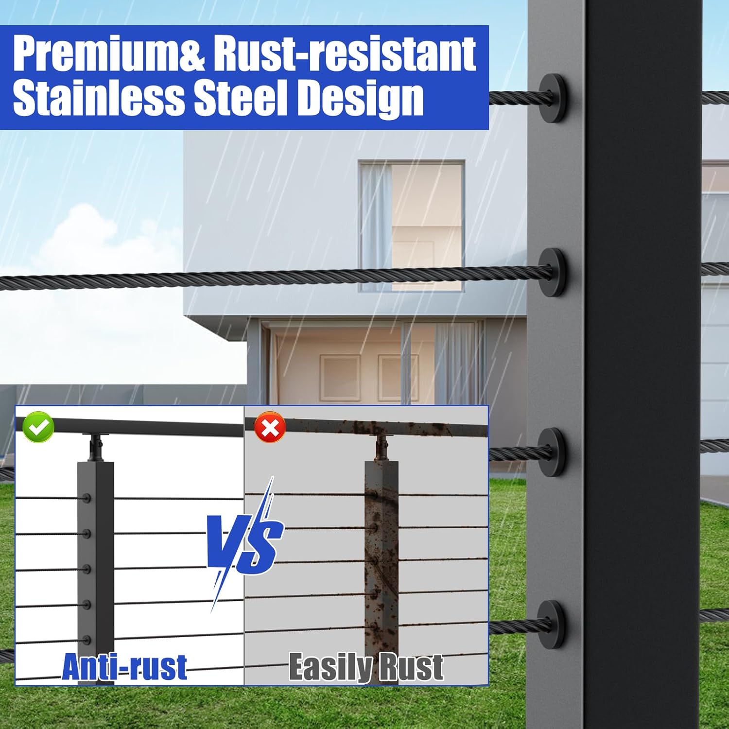 CKE 2 Pack Level Drilled Cable Railing Post 36"x2"x2" Adjustable Top Stainless Steel Black Finish Wood Concrete Level Deck, Deck Stair Railing Post with Cable Grommets, LP01