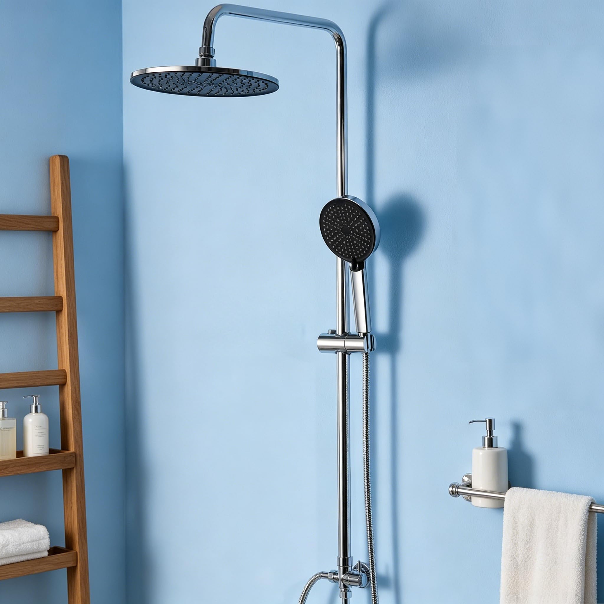 Auralum Regendusche ohne Armatur, Duscharmatur mit Ø 250 mm Runder Regendusche, 4 Strahlarten Duschkopf und Höhenverstellbarer Duschstange, Duschsystem ohne Armatur ideal zum Nachrüsten
