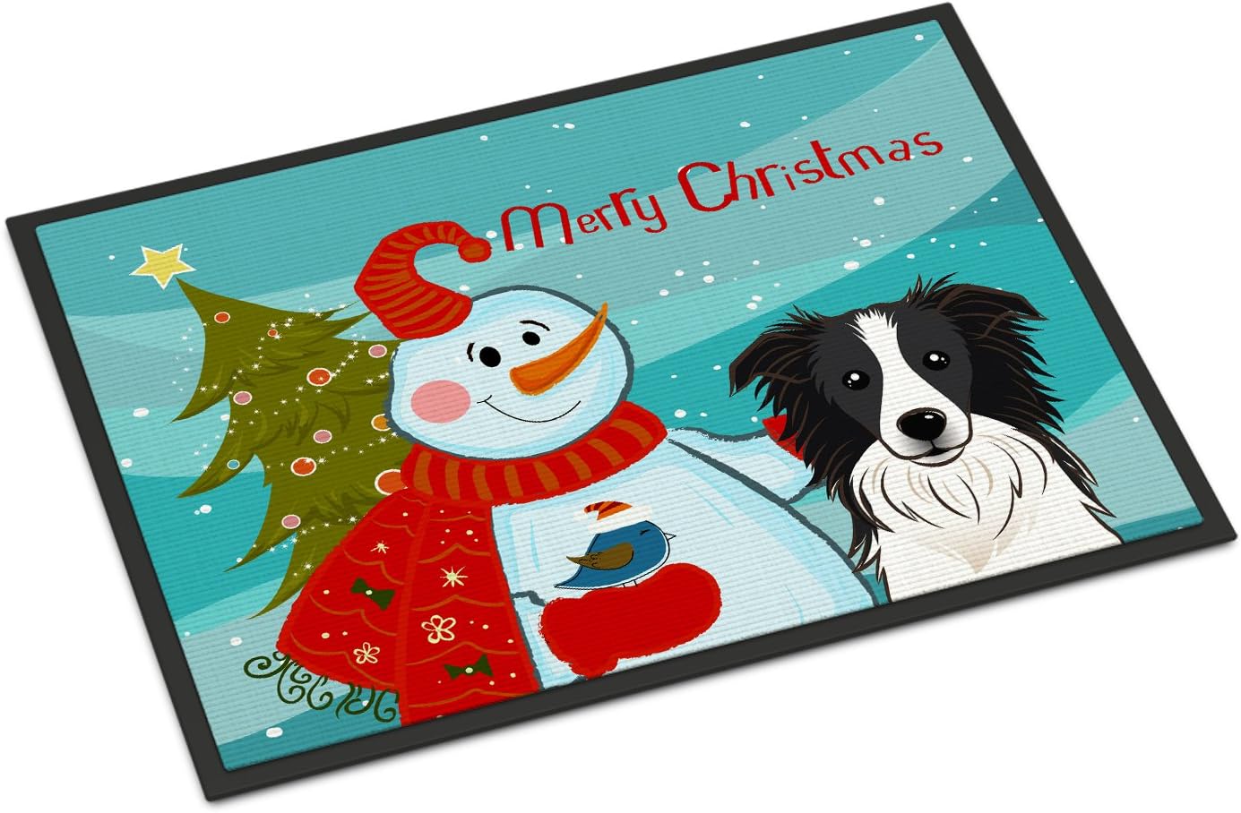 Caroline's Treasures BB1861MAT Snowman with Border Collie Doormat 18x27 Front Door Mat Indoor Outdoor Rugs for Entryway, Non Slip Washable Low Pile, 18H X 27W