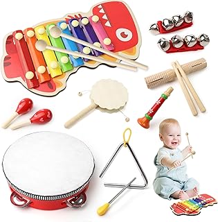 10 Pieces Toddler Drum Toy Set, Neutral Rhythm Toy Made of Wood, Boho Baby Musical Instruments, Preschool Toy with Xylophone, Percussion Instruments Gift for Boys Girls