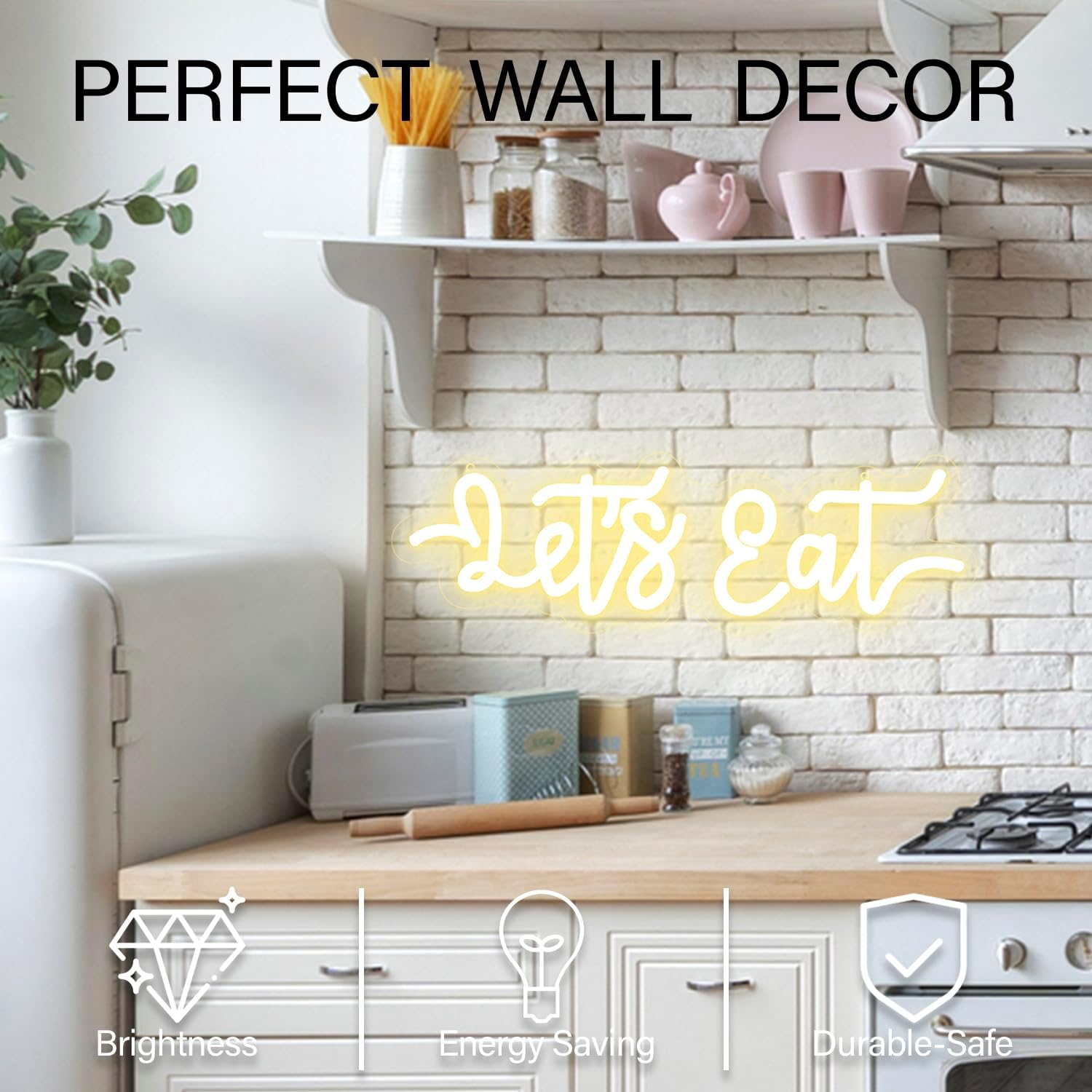 Let's Eat Neon Sign Dimmable Neon Signs for Wall Decor Inspirational LED Signs USB Light Up Sign for Kitchen Wall Decor Decoration Kitchen Sign Dining Room Home Restaurant Decoration
