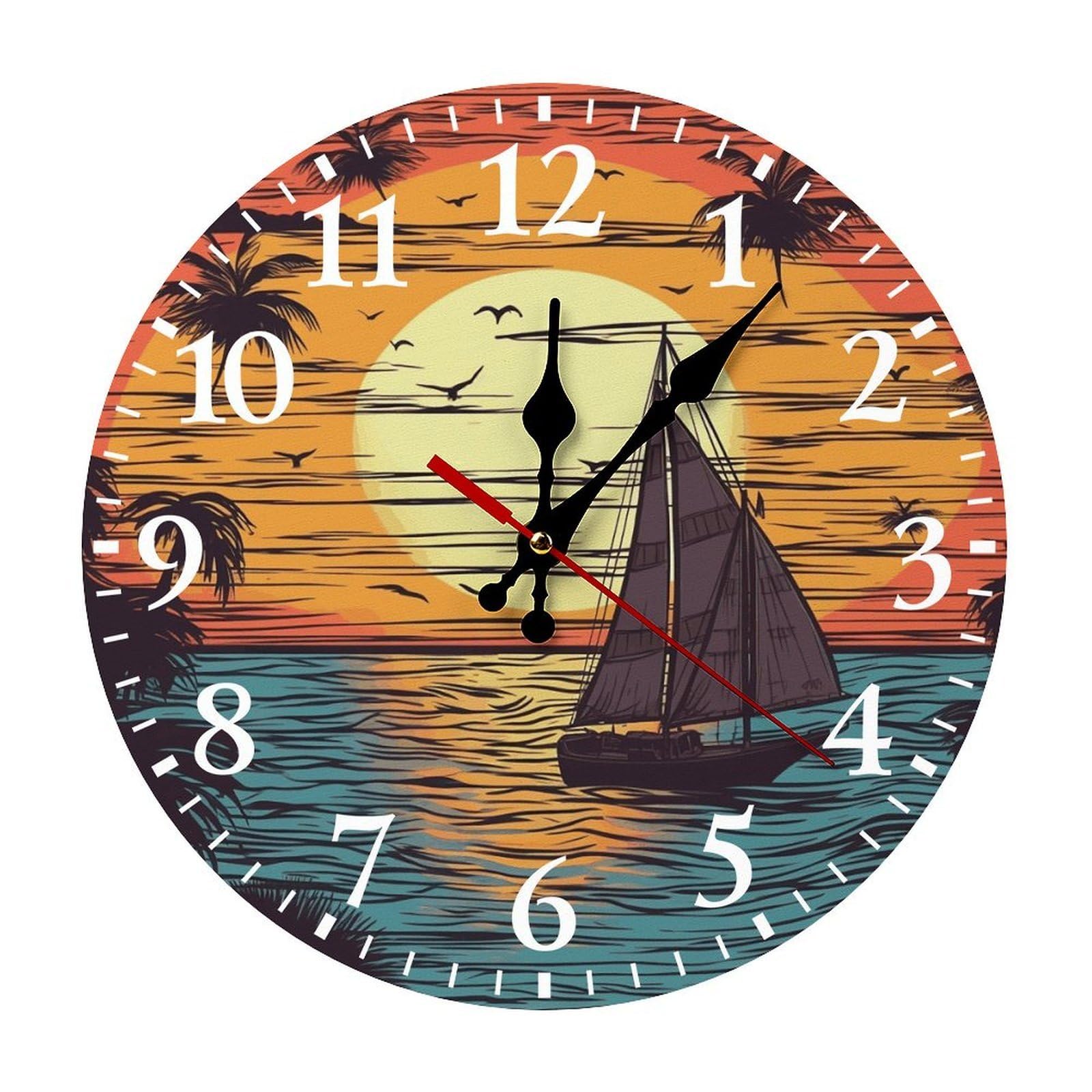 NTVOWPZO 10 Inch Wall Clock Sunset and Sailboat Battery Operated Wall Clocks Silent Non-Ticking Round Wall Clock for Living Room Kitchen Home Office Wall Decorative Clock