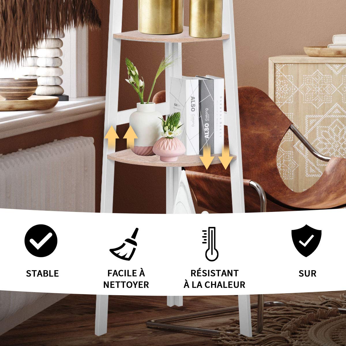 DREAMADE Etagère d’Angle, Bibliothèque d’Angle, Meuble d’Angle à 4 Niveaux en Bois avec Style Echelle pour Salon, Chambre, Salle de Bain, Bureau, Balcon 32 x 32 x 138CM Blanc