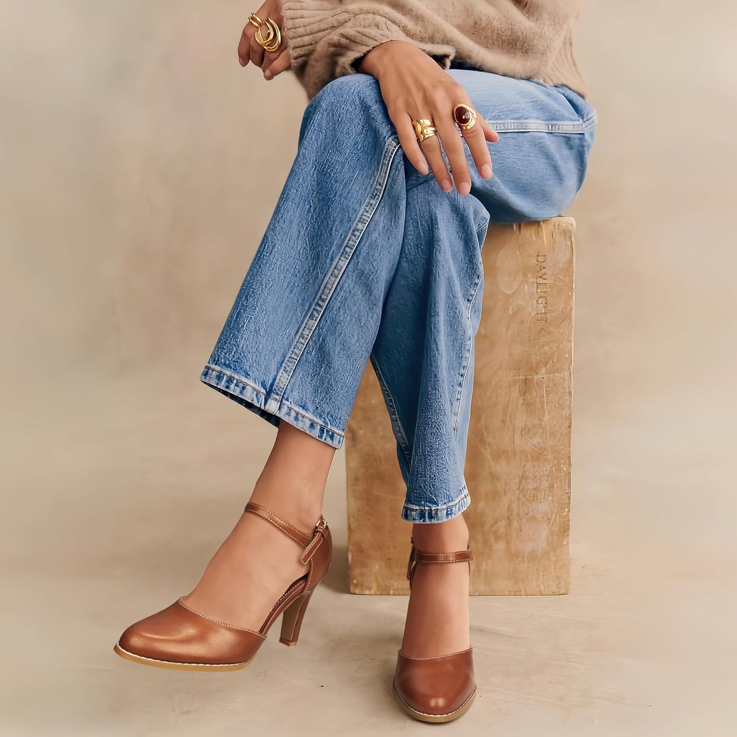 Womens Chunky High Heels Closed Toe Ankle Strap Pumps Vintage Shoes,COUTGLOWS-Brown-10 - Image 2