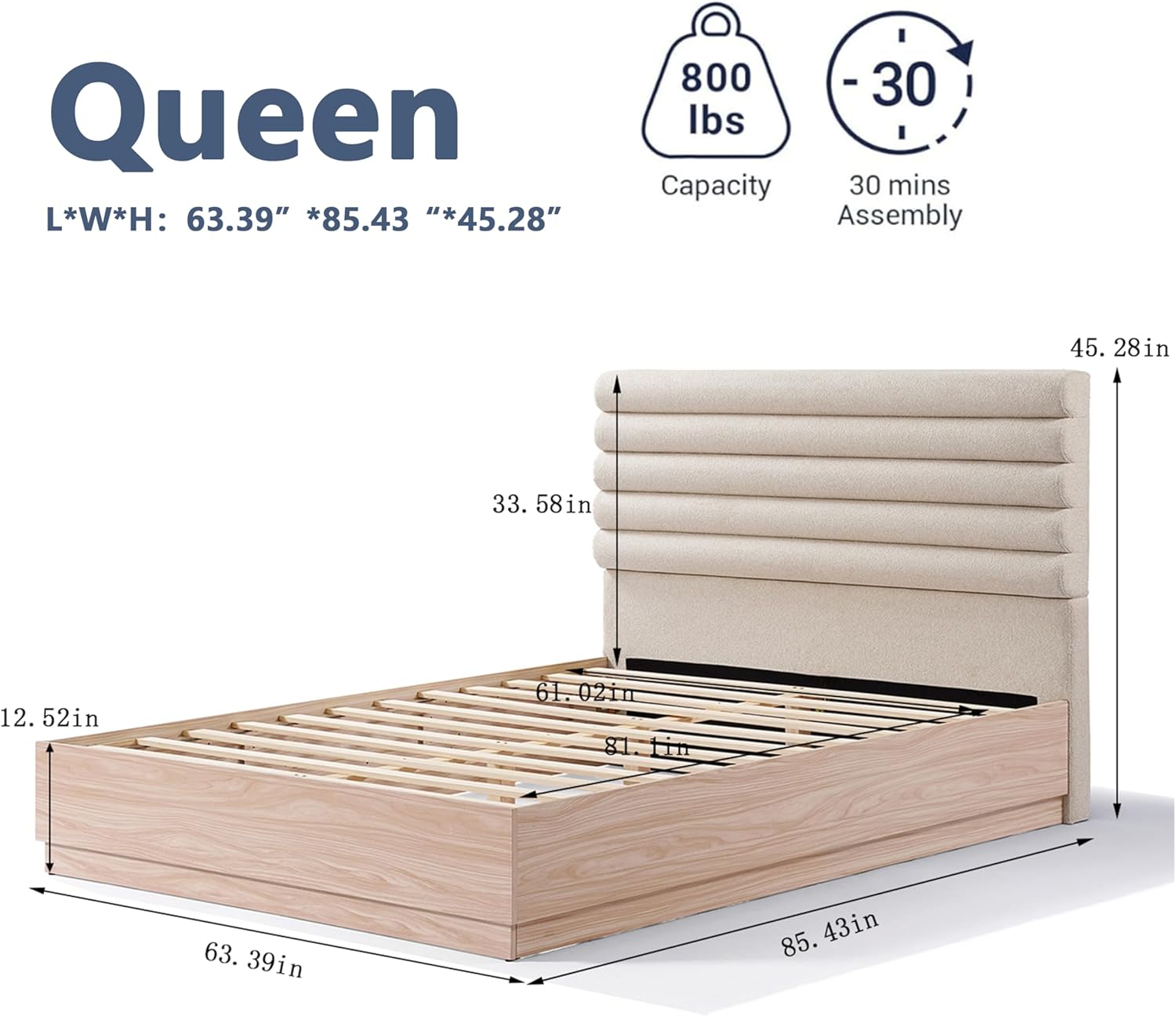 Christopher Knight Home Raina Queen Size Wood Platform Bed Frame, Boucle Fabric Upholstered Headboard, Wood Bed Support and Slat, Fully Mattress Foundation, No Box Spring Needed, Taupe+Natural