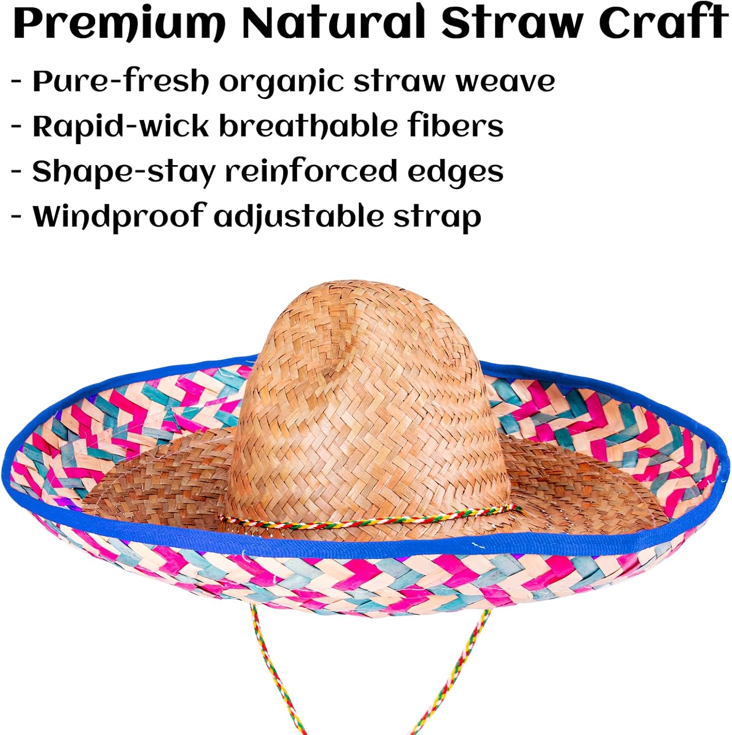 DUNCHATY Mexican Sombrero Hat Adults – Authentic Straw Sombrero with Serape Trim for Cinco de Mayo Fiesta