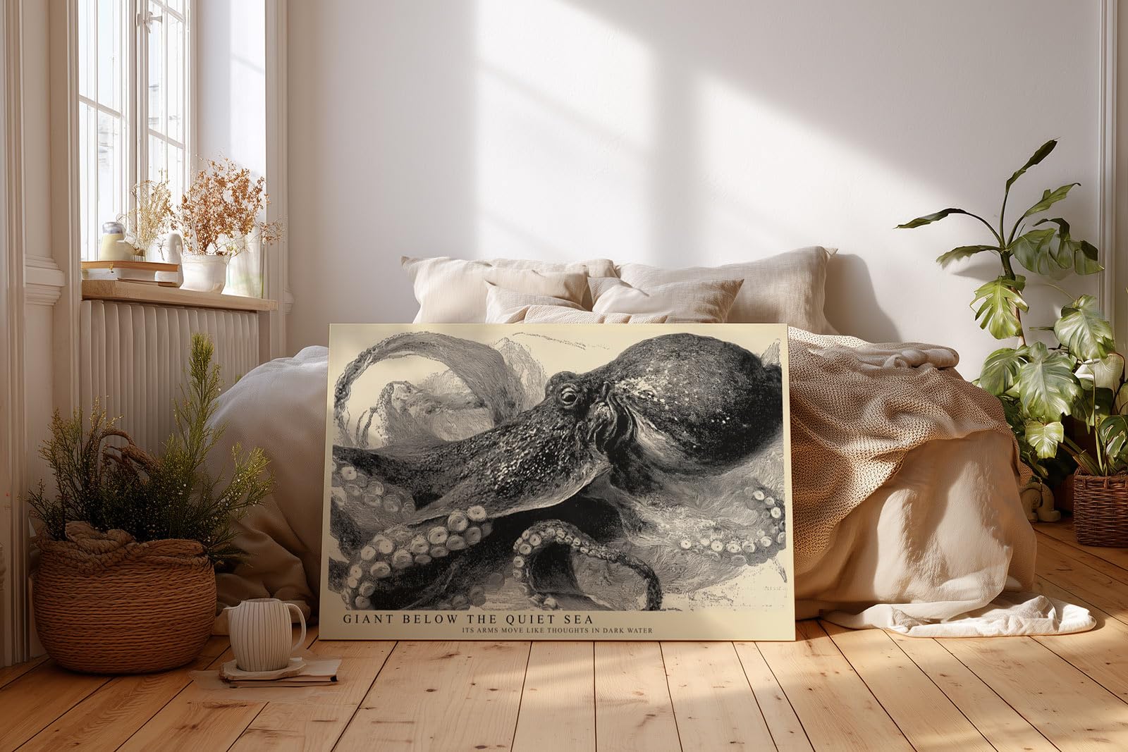 Paul Sinus Wandbild 150x100cm Oktopus Illustration Meereskunst Schwarz Weiss Vintage Naturstudie