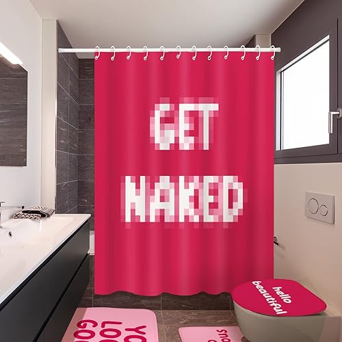 Miniatura 3 de Juego de 4 cortinas de ducha con alfombras, juego de baño rosa con cortina de ducha y alfombras, tapete de baño antideslizante en forma de U, tapete