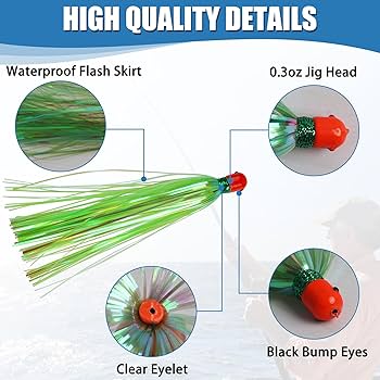 Fluke Rigs For Saltwater Mylar Flash Teaser Tails Fishing Bucktail Teasers Mylar Fishing Skirts Lures Weighted Jig Heads 0 35oz Mylar Teaser Skirt Trolling Skirts Lures Saltwater For Ballyhoo Strip Baits Bucktail