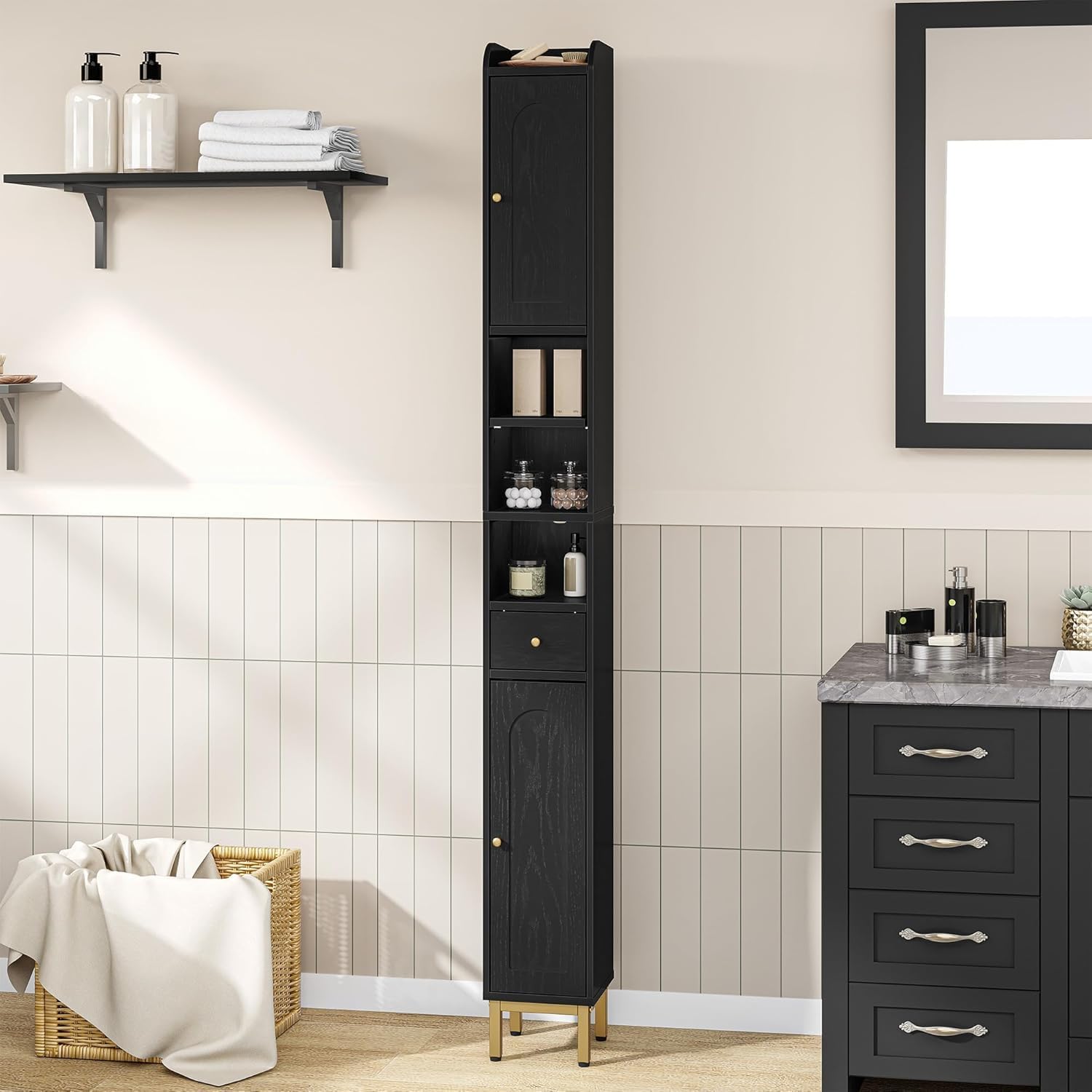 Bathroom Cabinet with Adjustable Shelves, Freestanding Floor Cabinet, Tall Black Bathroom Storage Cabinet, Narrow Toilet Paper Storage, 7.9"D x 7.9"W x 70.9"H Black 7.9"D x 7.9"W x 70.9"H