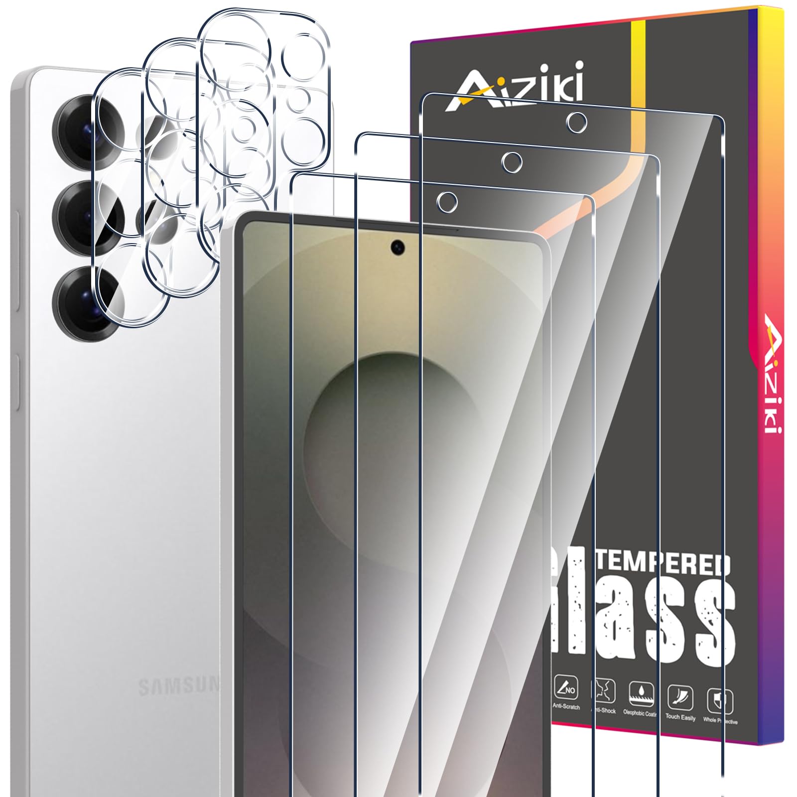 Aiziki 3+3 Pack for S25 Ultra Screen Protector + Camera Lens Protector, for Samsung Galaxy S25 Ultra Tempered Glass, Comprehensive Anti-fingerprint,