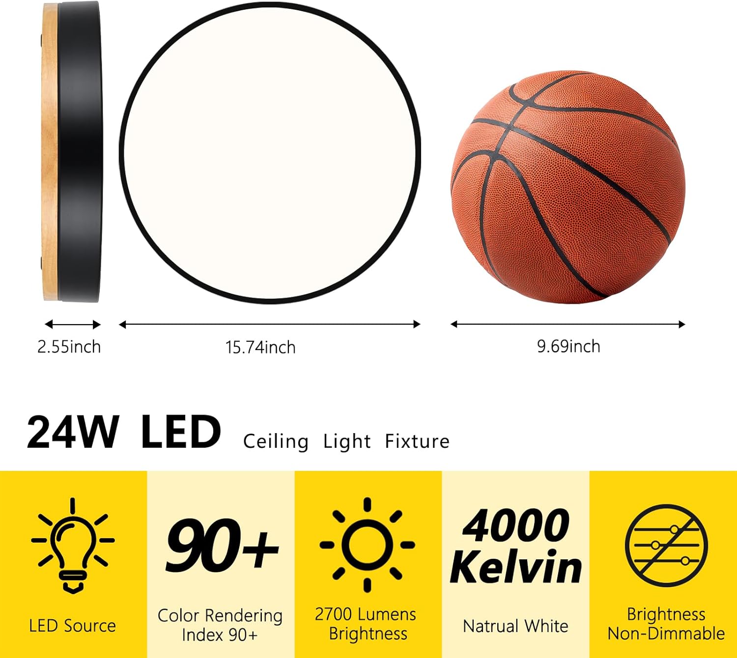 Modern Wood Black Flush Mount Ceiling Light, 15.74" Round LED Low Profile Close to Ceiling Fixture for Kitchen Bedroom Bathroom Laundry Hallway Entryway Closet Living Room