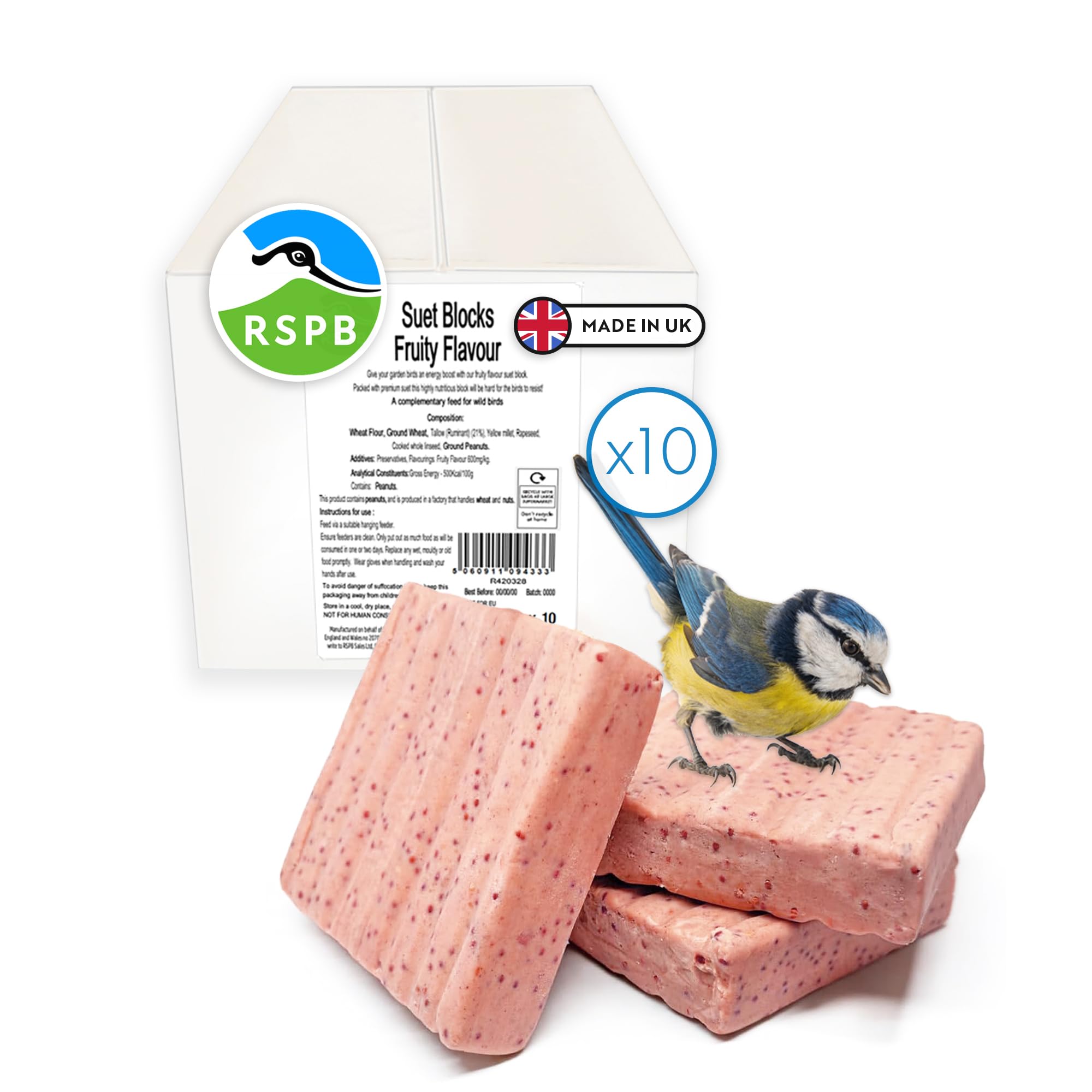 RSPB - Suet Blocks for Wild Birds, Wild Bird Food with Premium Ingredients, Made in the UK, Healthy and Nutritious, Suitable for Year-Round Feeding (Fruity Flavour) (10 x 280g)