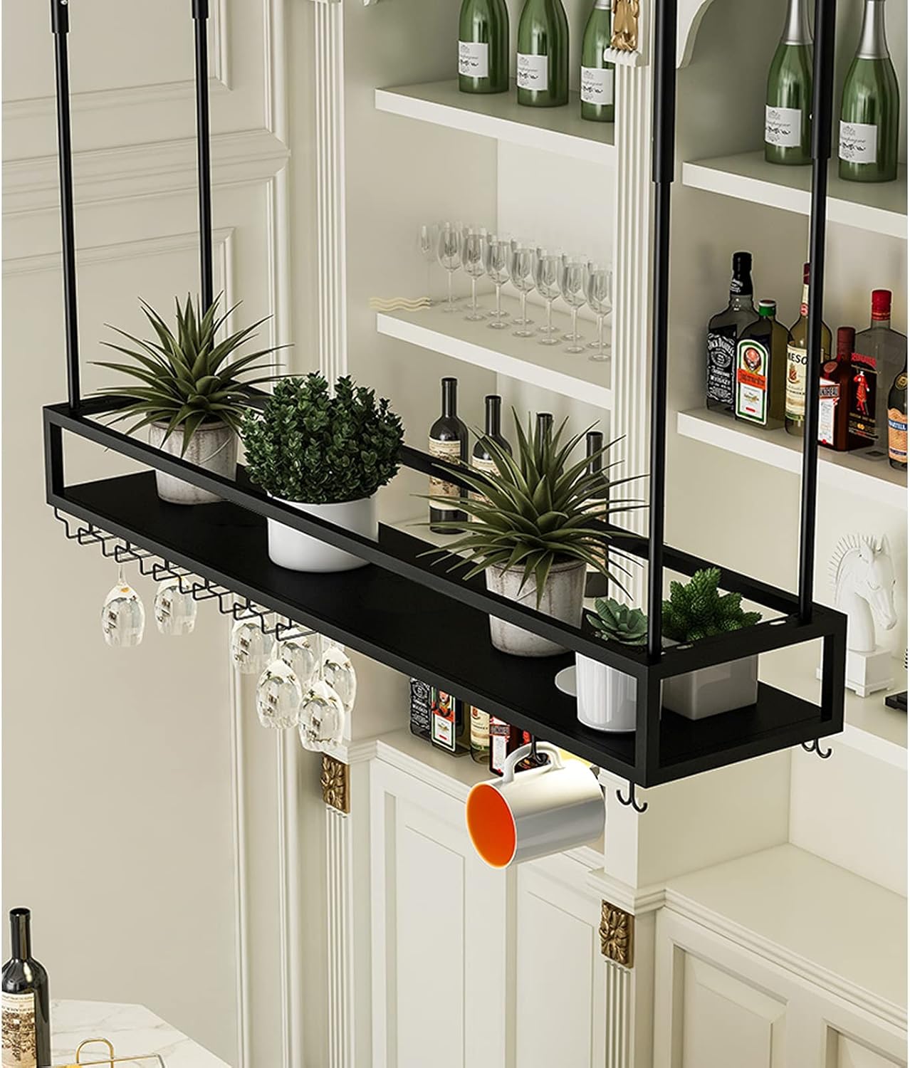 Hanging Wine Rack with Glass Holder - Sturdy Ceiling Storage for Kitchen & Bar Wine Bottle Holder Flower Plant Shelf - Available in 60/80/100/120/140cm (Size: 60x25x21cm)