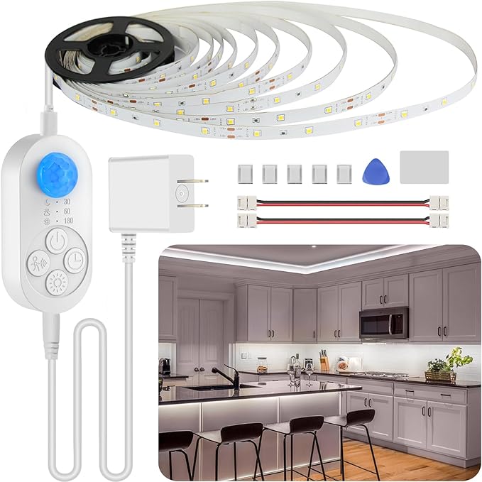 Motion Sensor Under Cabinet Lights Plug-in LED Strip Lights Indoor Cold White 6000K Super Bright 2000lm with 12V Adapter, Dimmer and Timer for Kitchen Cabinet, Shelf, Wardrobe, Stairway…