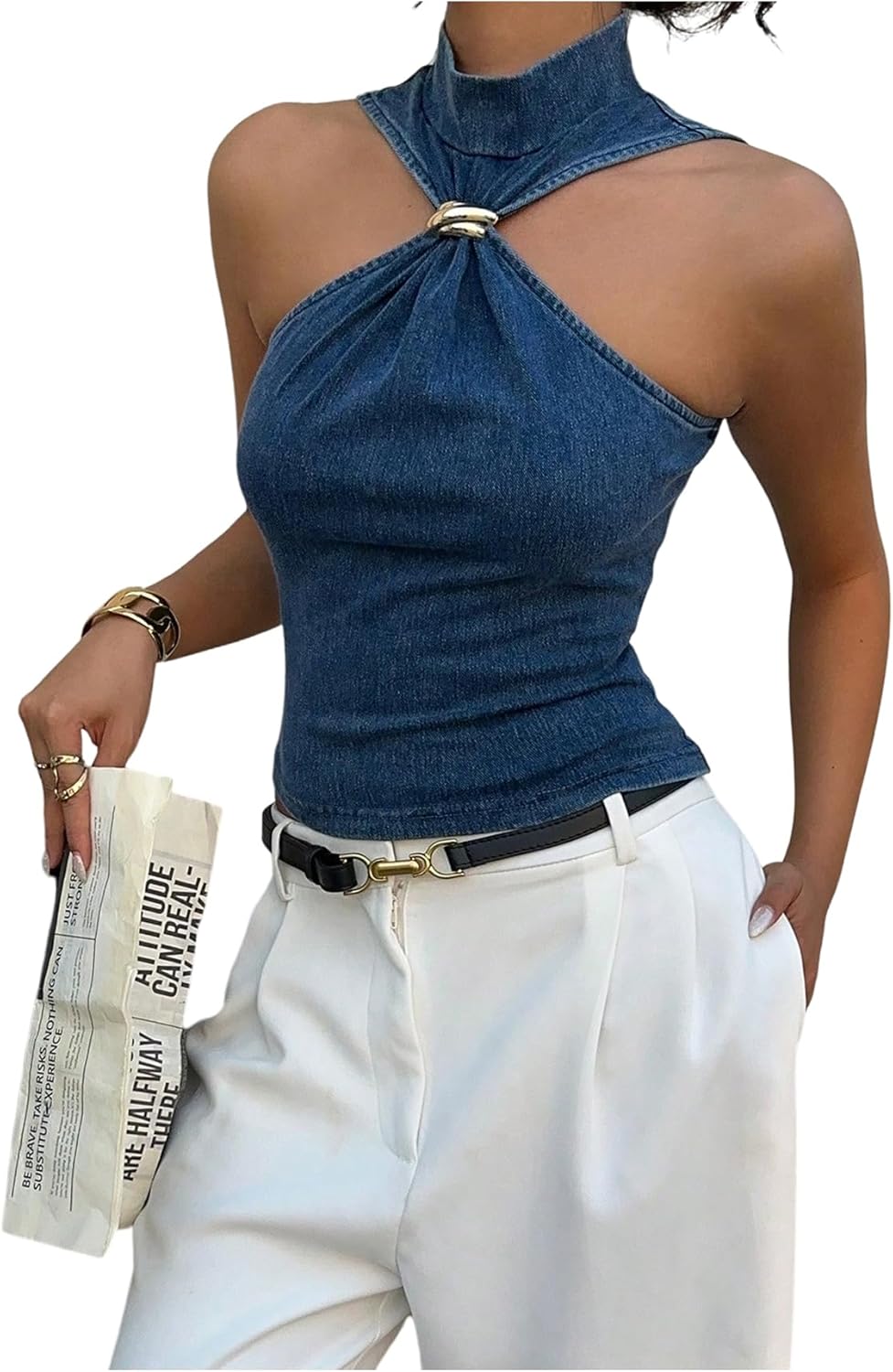 Floerns Women's Y2k Twist Sleeveless Denim Tops Mock Neck Metal Going Out Tank Tops