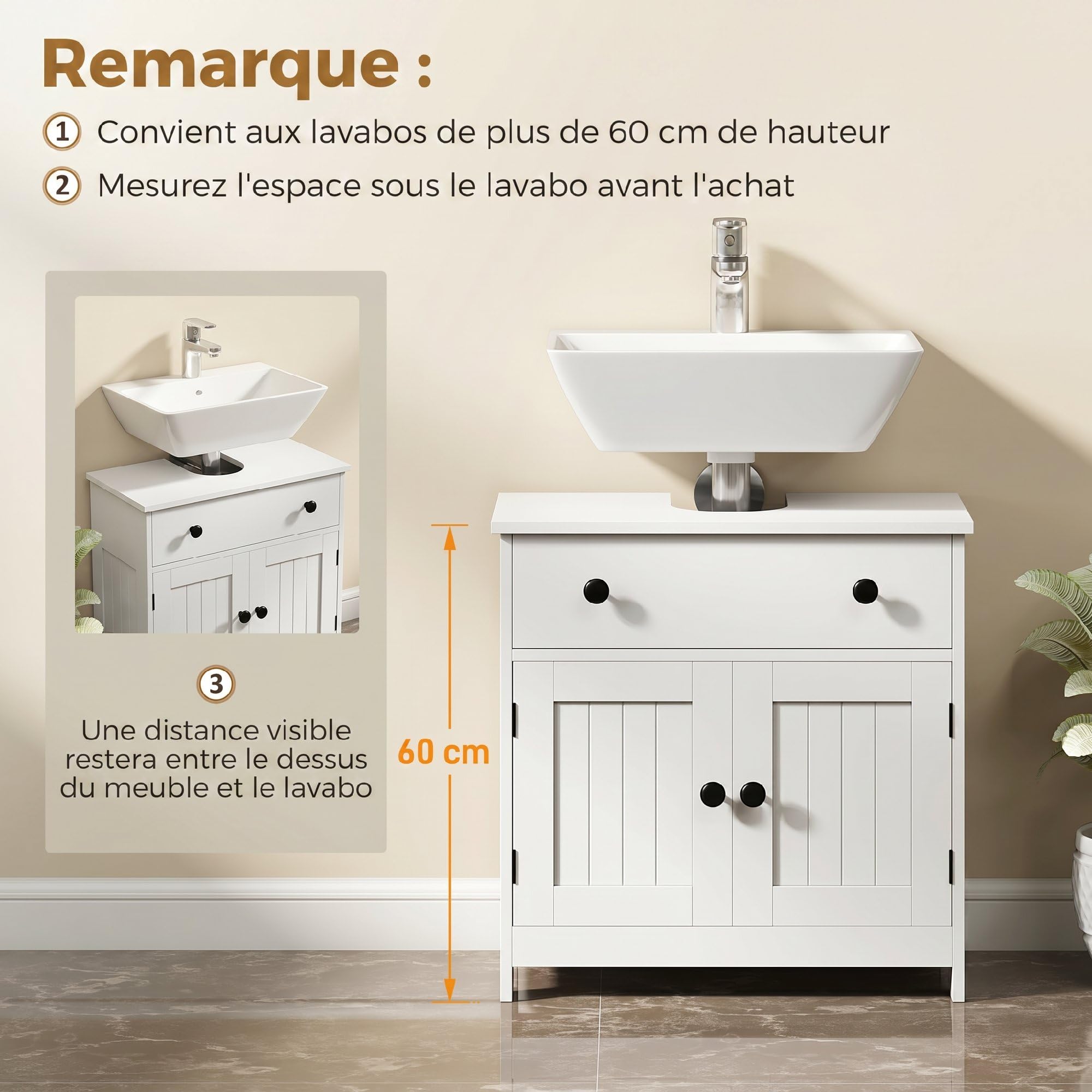 HOMCOM Meuble sous lavabo Charnières Fermeture Douce 60 x 30 x 60 cm Blanc