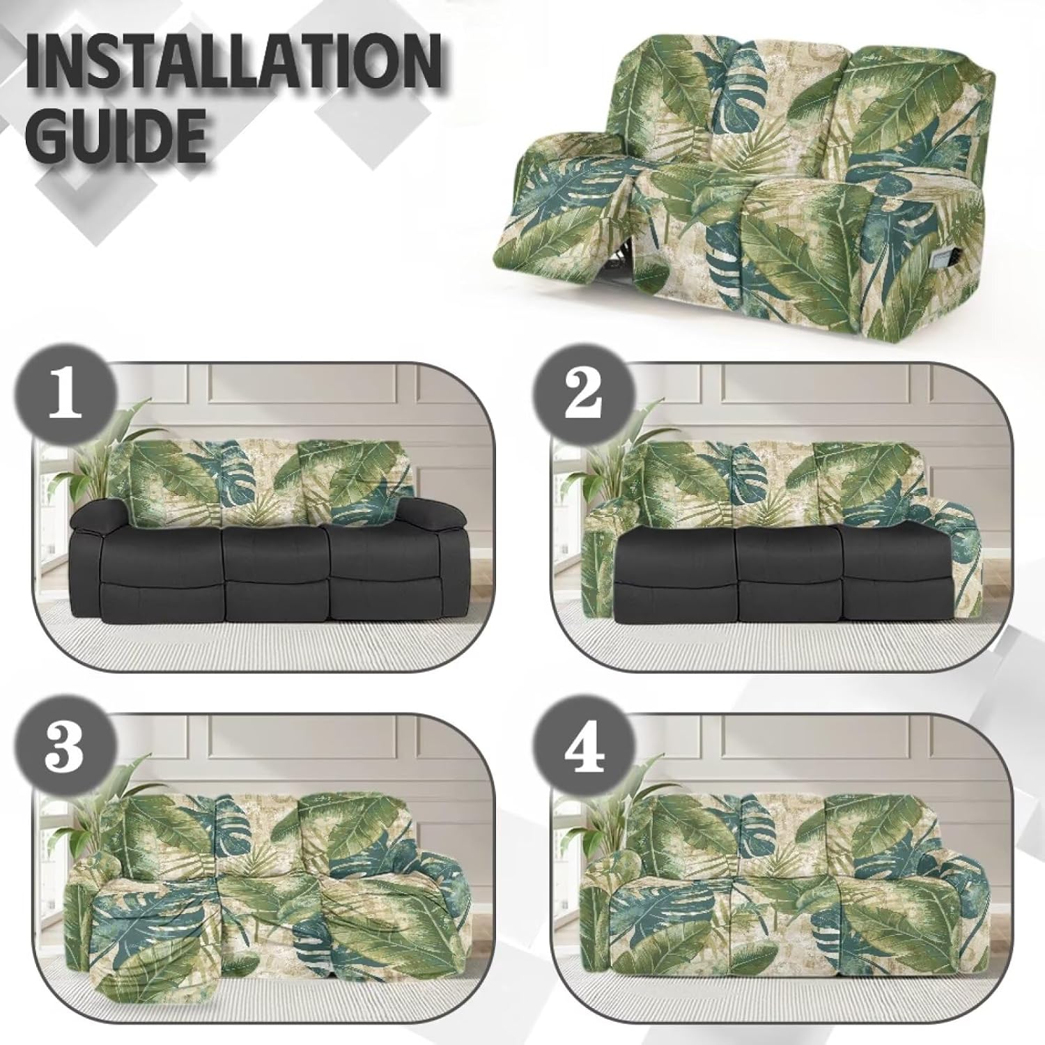 Recliner Couch Covers Stretch 3 Seater Reclining Chair Cover with Pocket, Washable Reclining Sofa Slipcover Scratch-Proof Furniture Protector Pet Friendly, Tropical Leaf Print
