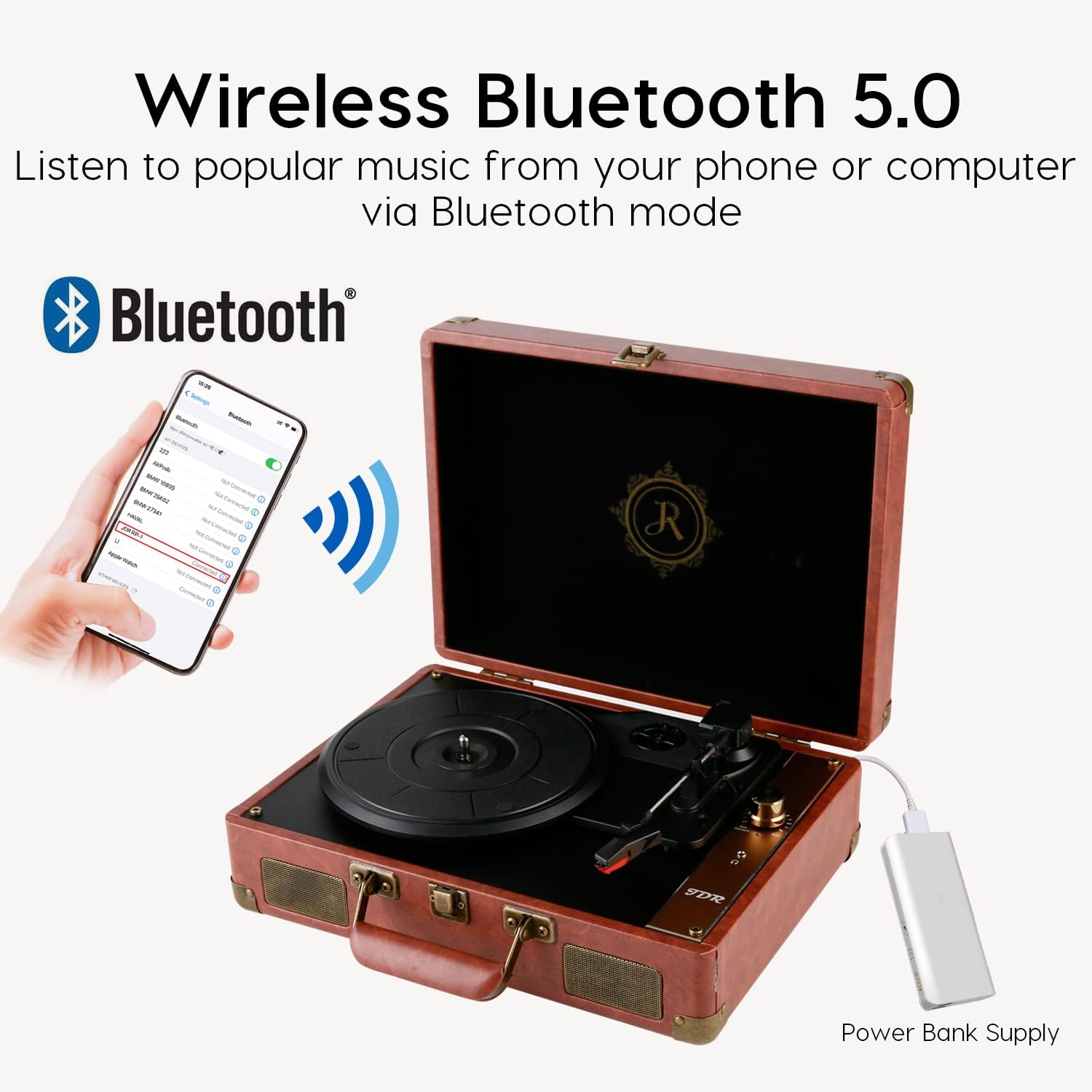 Record Player Vinyl JDR Turntable with Bluetooth Speakers 3-Speed Portable Suitcase Vintage Phonograph Upgraded Audio Retro Decor as Gift|USB Recorder| AUX in|Extra Stylus,Brown